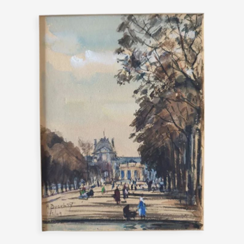 Aquarelle sur papier "Le jardin des Tuileries à Paris" Signée en bas, André Duculty (1912-1990)