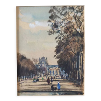 Aquarelle sur papier "Le jardin des Tuileries à Paris" Signée en bas, André Duculty (1912-1990)