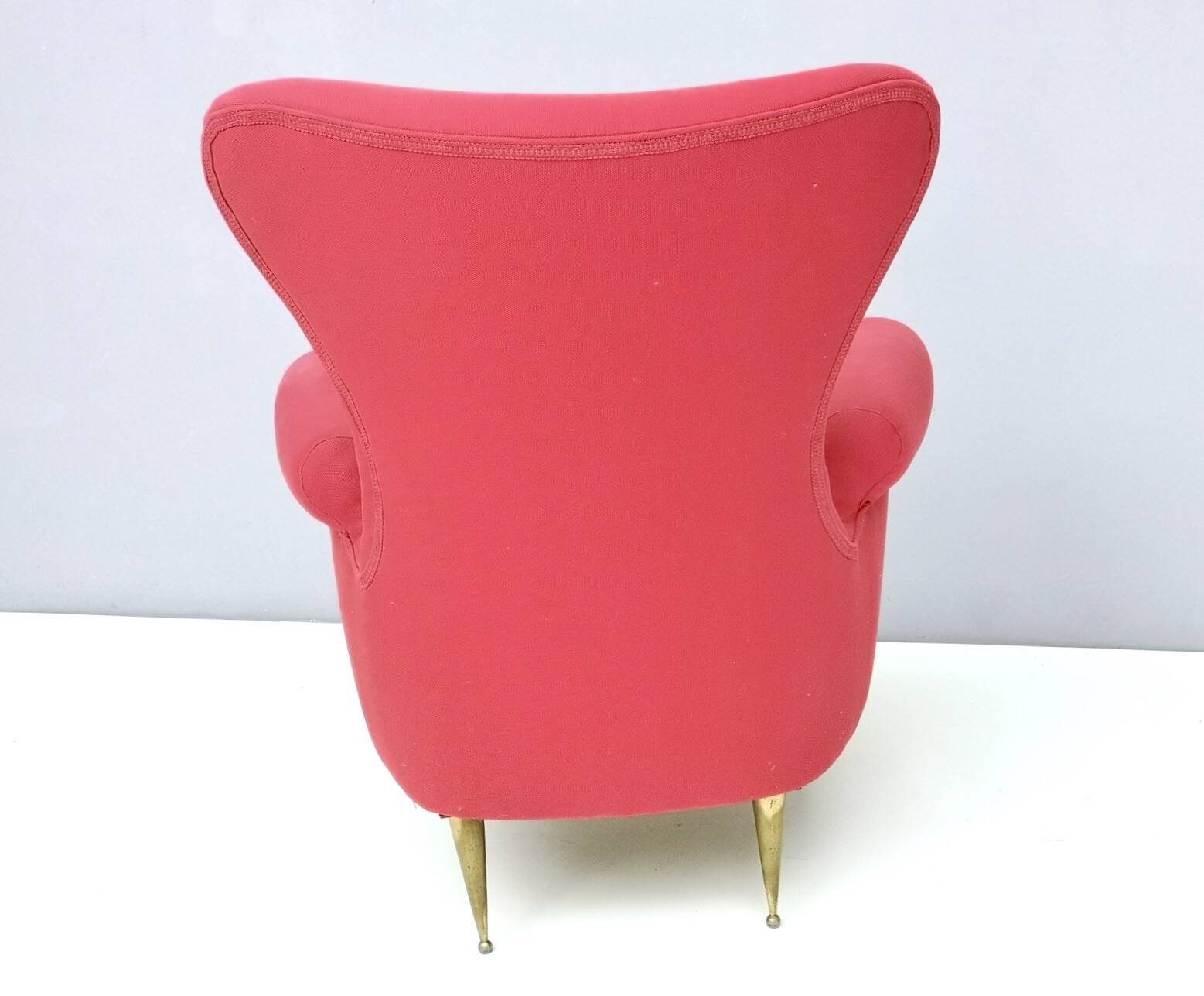 Wingback Red Cotton Armchair with Brass Feet, Italy