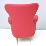 Wingback Red Cotton Armchair with Brass Feet, Italy