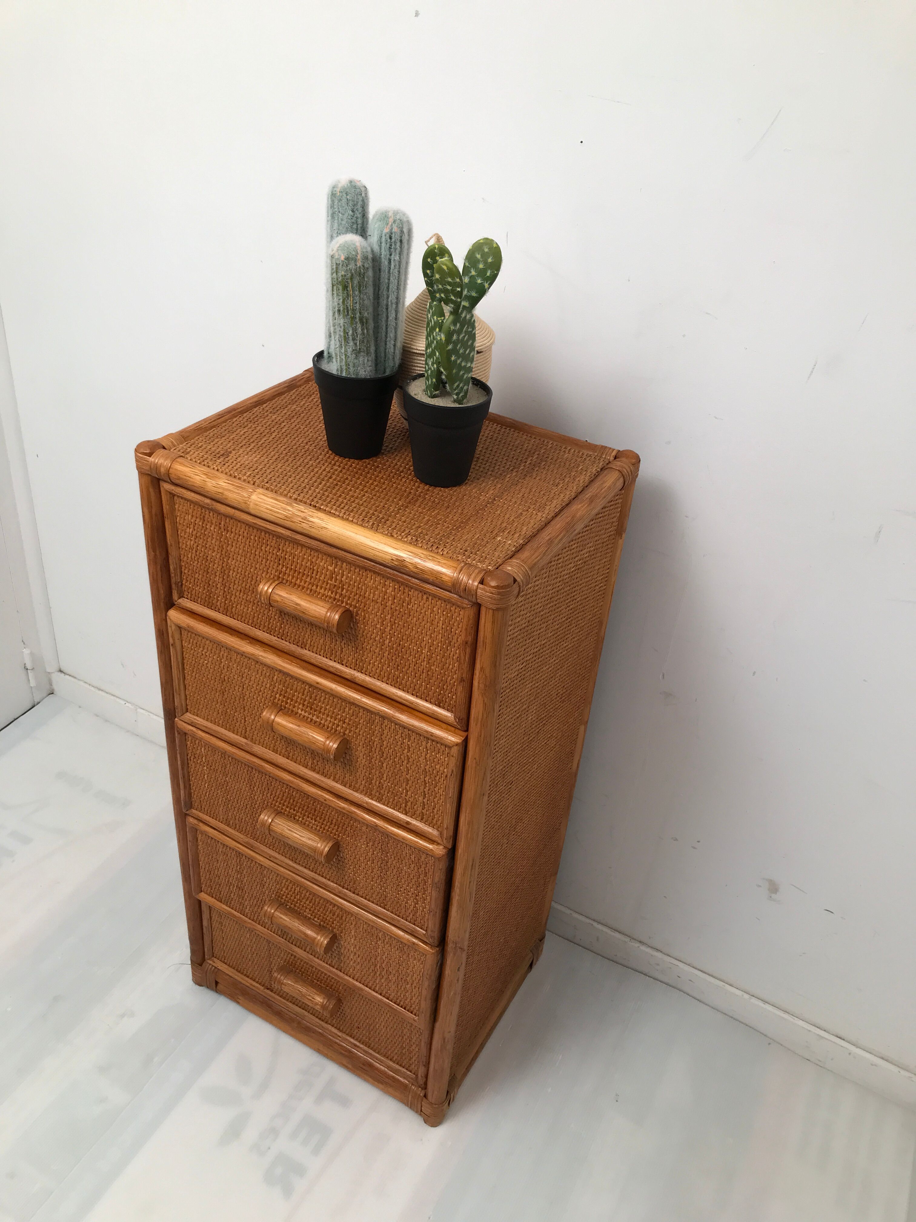 Vintage bamboo chest of drawers from the 60s and 70s