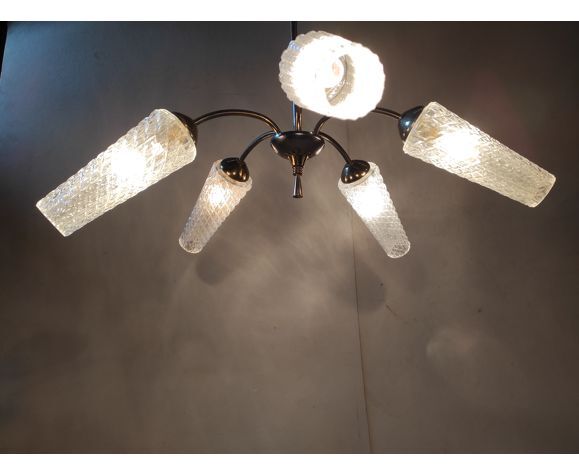Old vintage 1970s golden brass chandelier