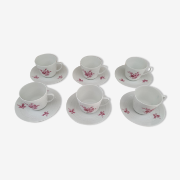 Lot de 6 tasses à café en porcelaine allemande blanche roses roses décor croisillons en relief