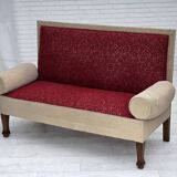 Canapé-lit danois des années 1950, laine d'ameublement rouge/beige, pieds en bois de frêne.