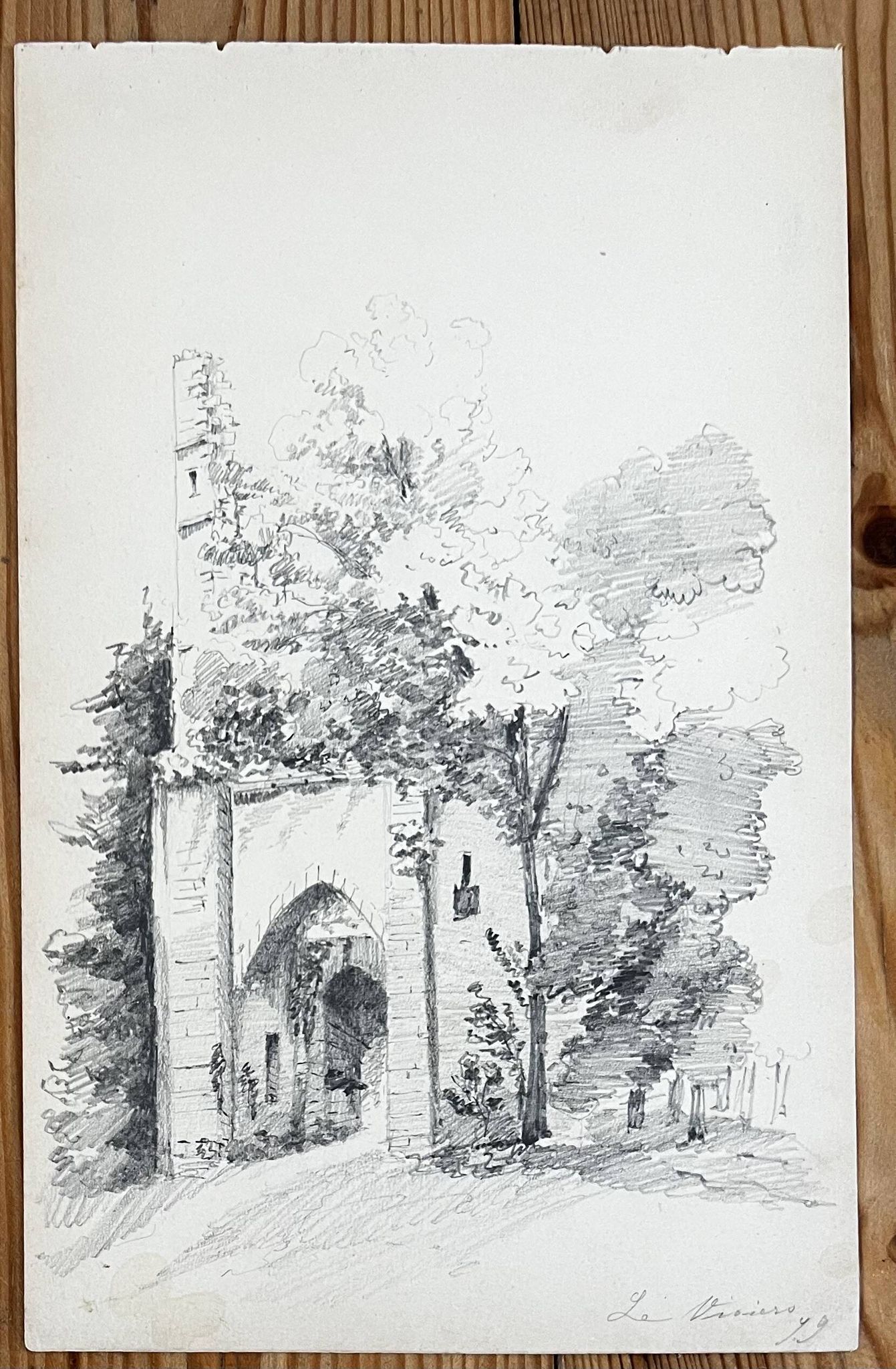 Dessin de paysage : le viviers - la tour en ruine - 49