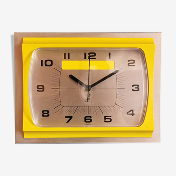 Horloge formica vintage pendule murale silencieuse rectangulaire "Jaz jaune argent"