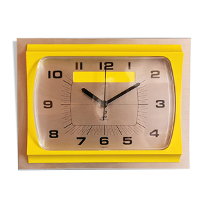 Horloge formica vintage pendule murale silencieuse rectangulaire Jaz jaune argent