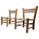 Pair of rustic French low chairs made of elm wood and straw, 1960s.