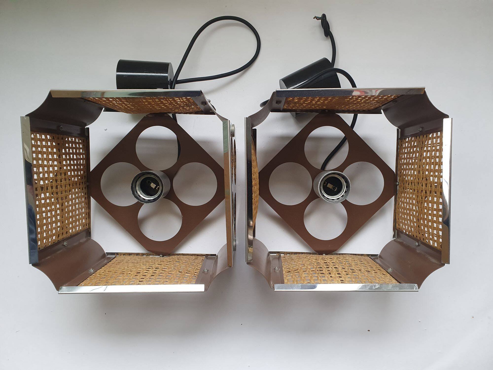 Two square metal chrome cane hanging lamps from the 70s
