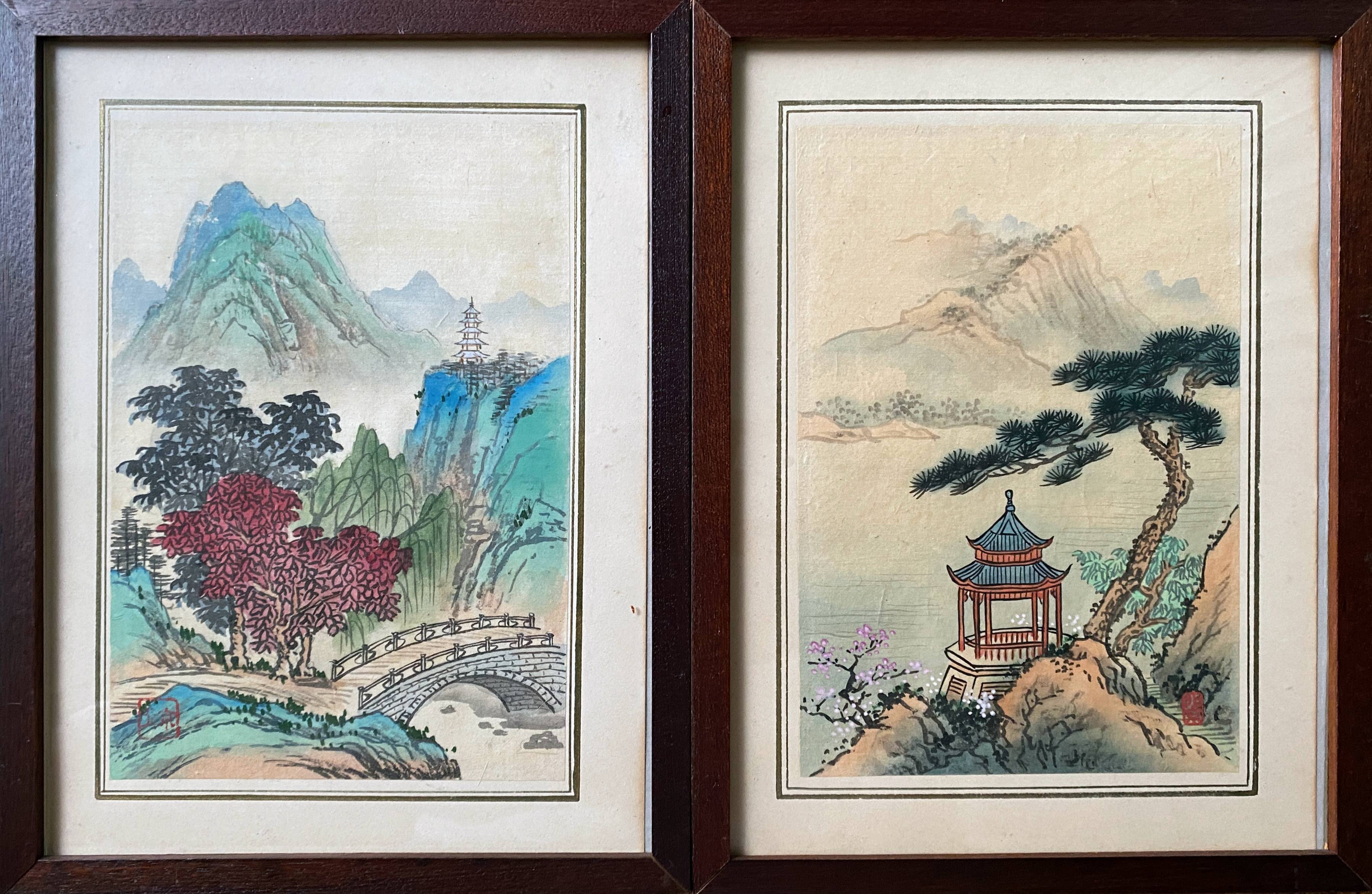 Pendant of ancient Chinese ink paintings "Landscapes and temple" signed