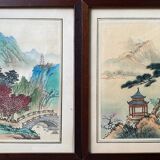 Pendant de tableaux anciens à l'encre de hine "paysages et et temple" signés