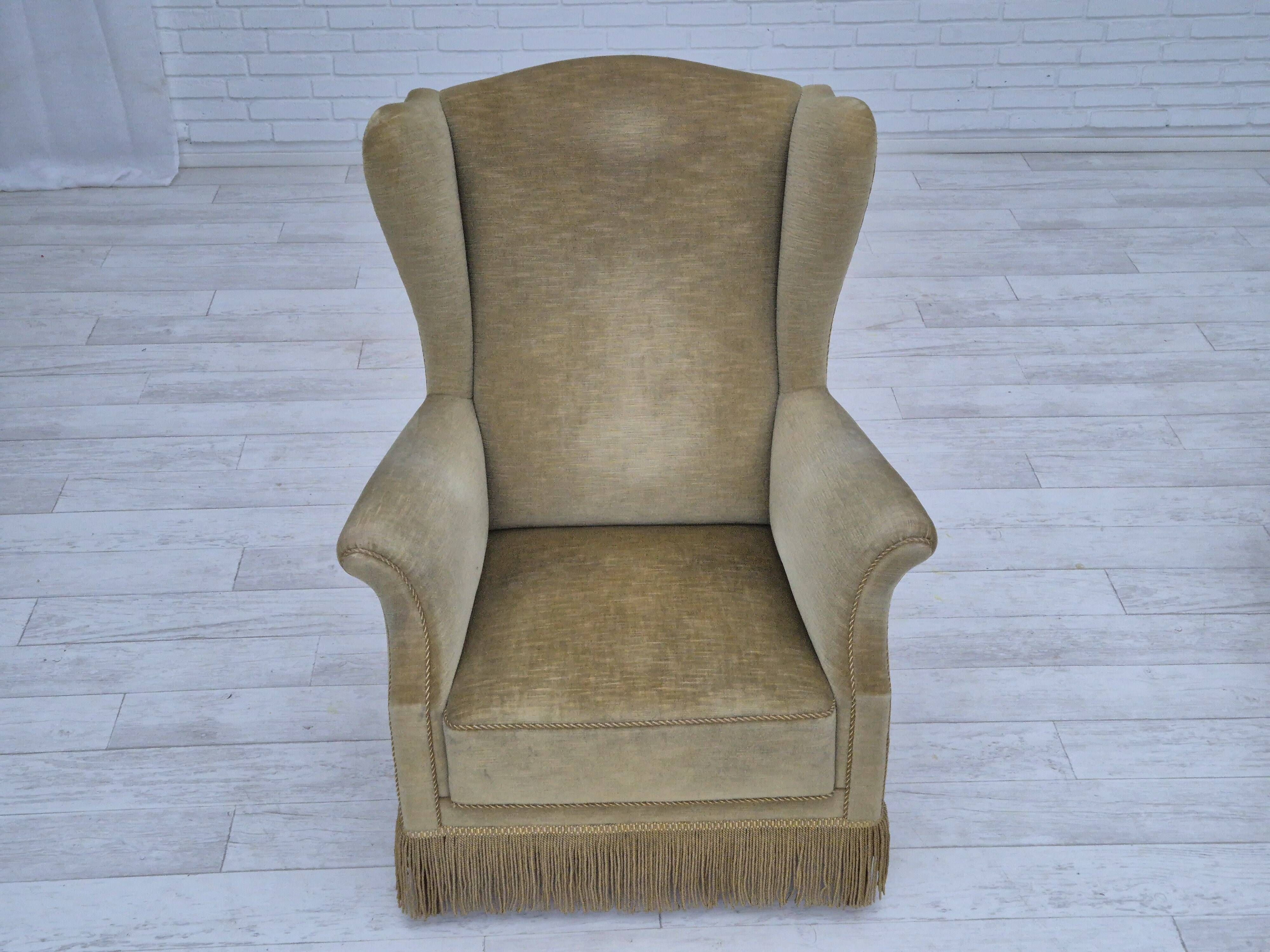 1970s, Danish design, wingback armchair, original condition, furniture velour, beech wood legs.