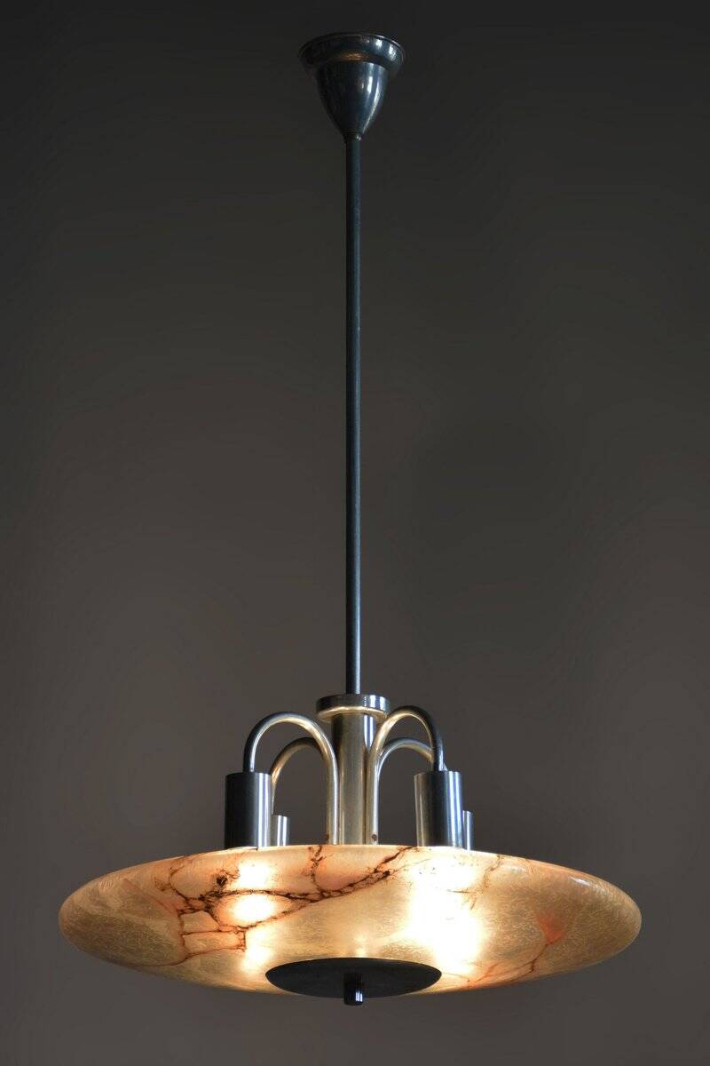 Art Deco Chandelier in Aluminium and Marbled Glass, Czech, 1940s