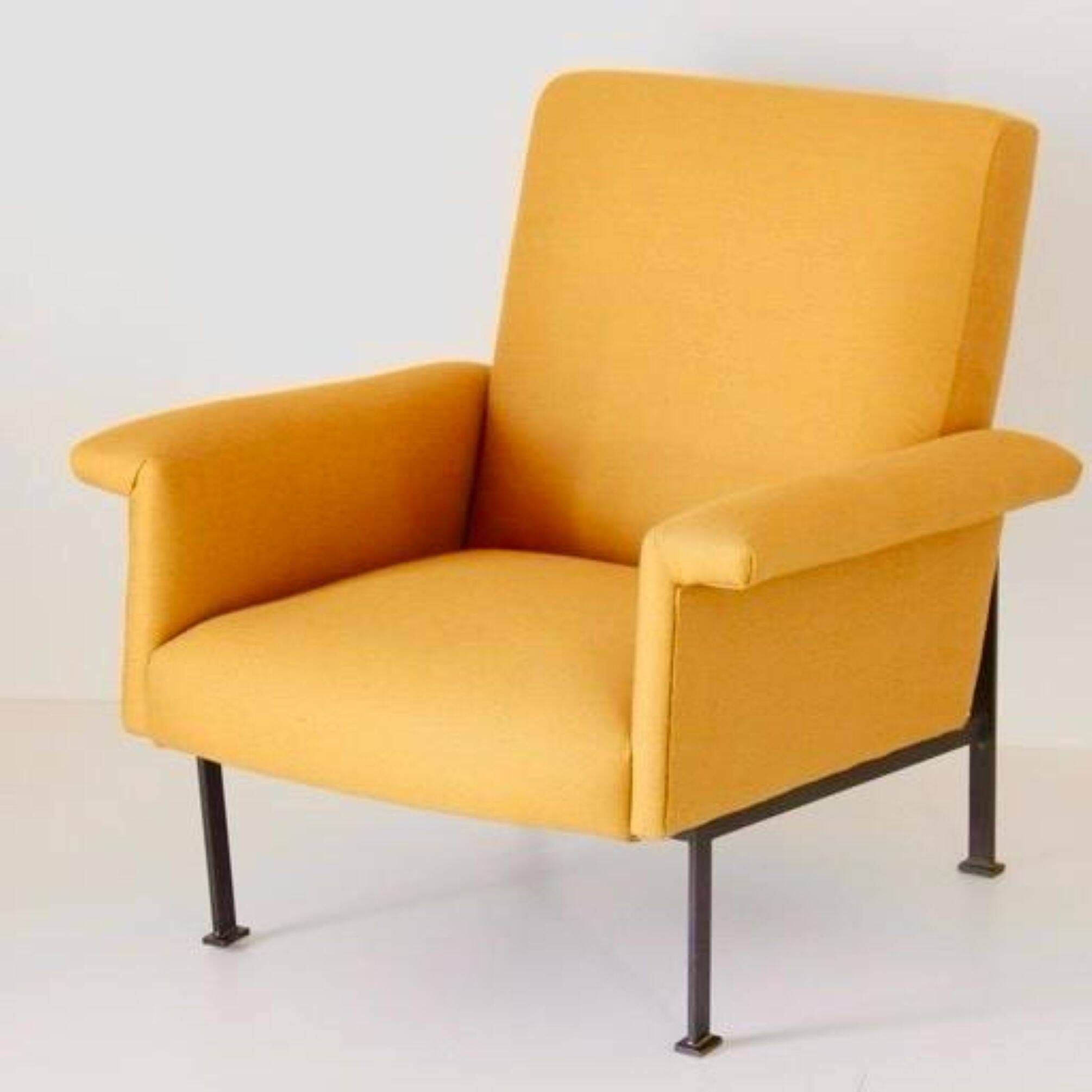 Eclectic Mid-Century Modern Sculptural Armchair in Mustard Yellow Fabric