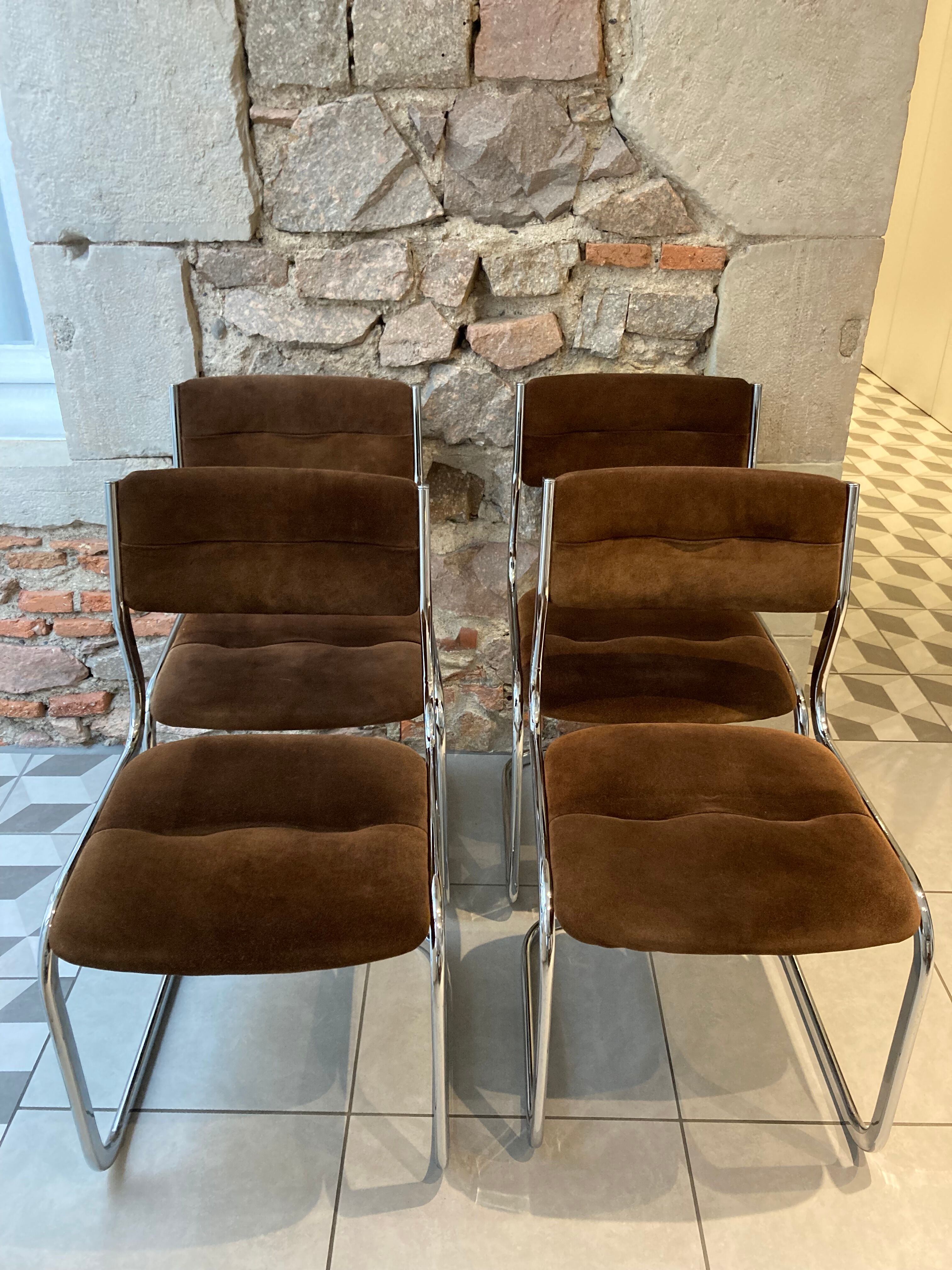 Set of 4 chairs chrome and suede 70s