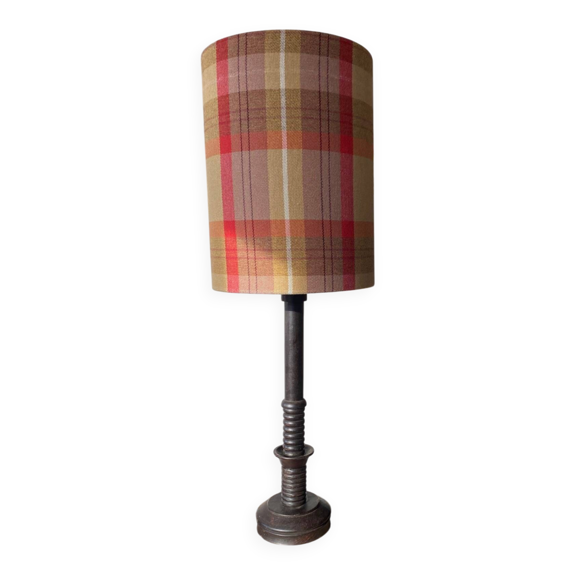 Solid wood lamp with handmade shade, 1940s.