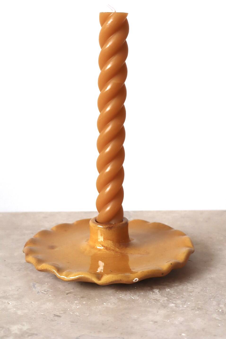 Ceramic candle holder serrated plate mustard yellow