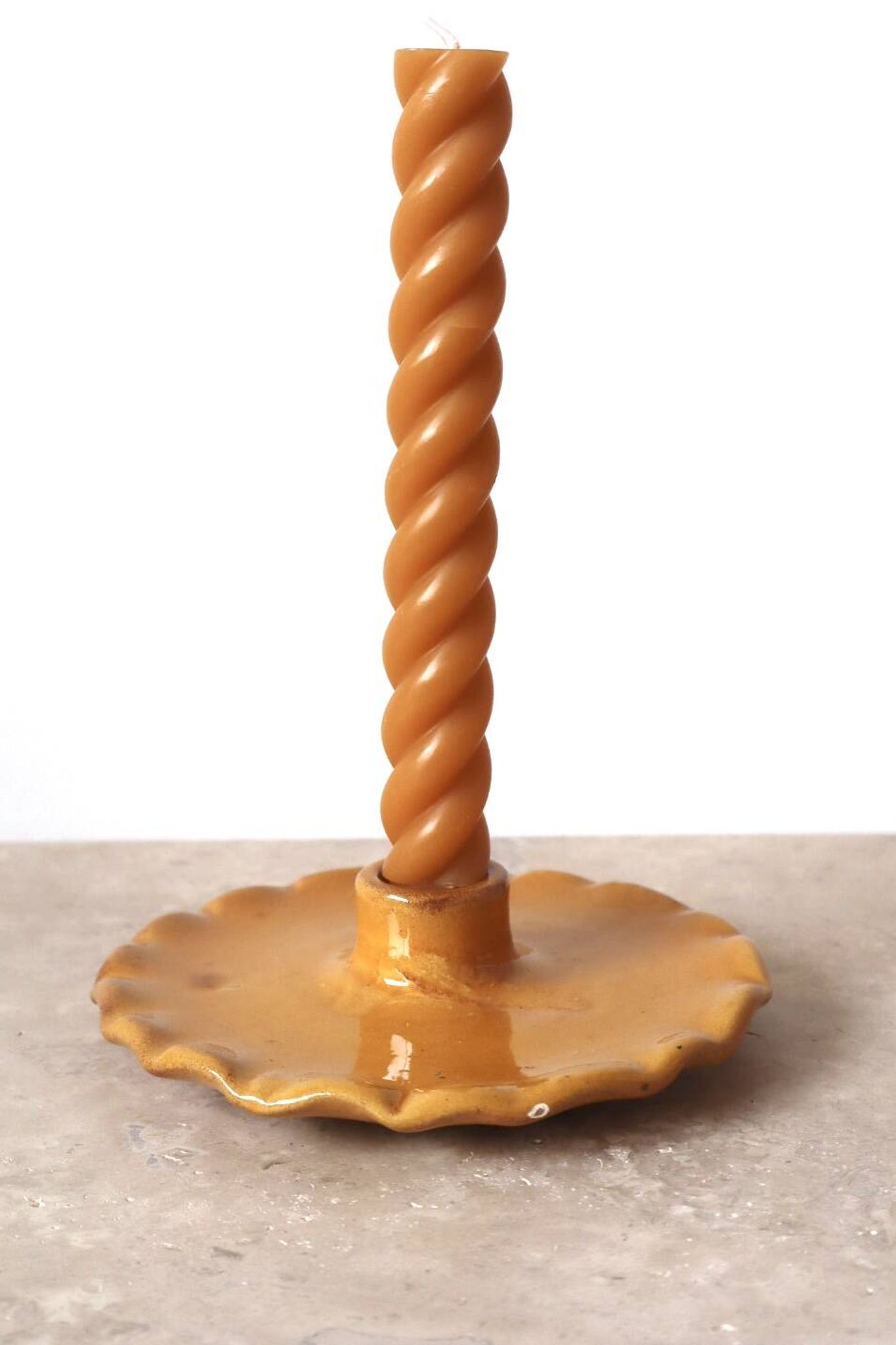 Ceramic candle holder serrated plate mustard yellow