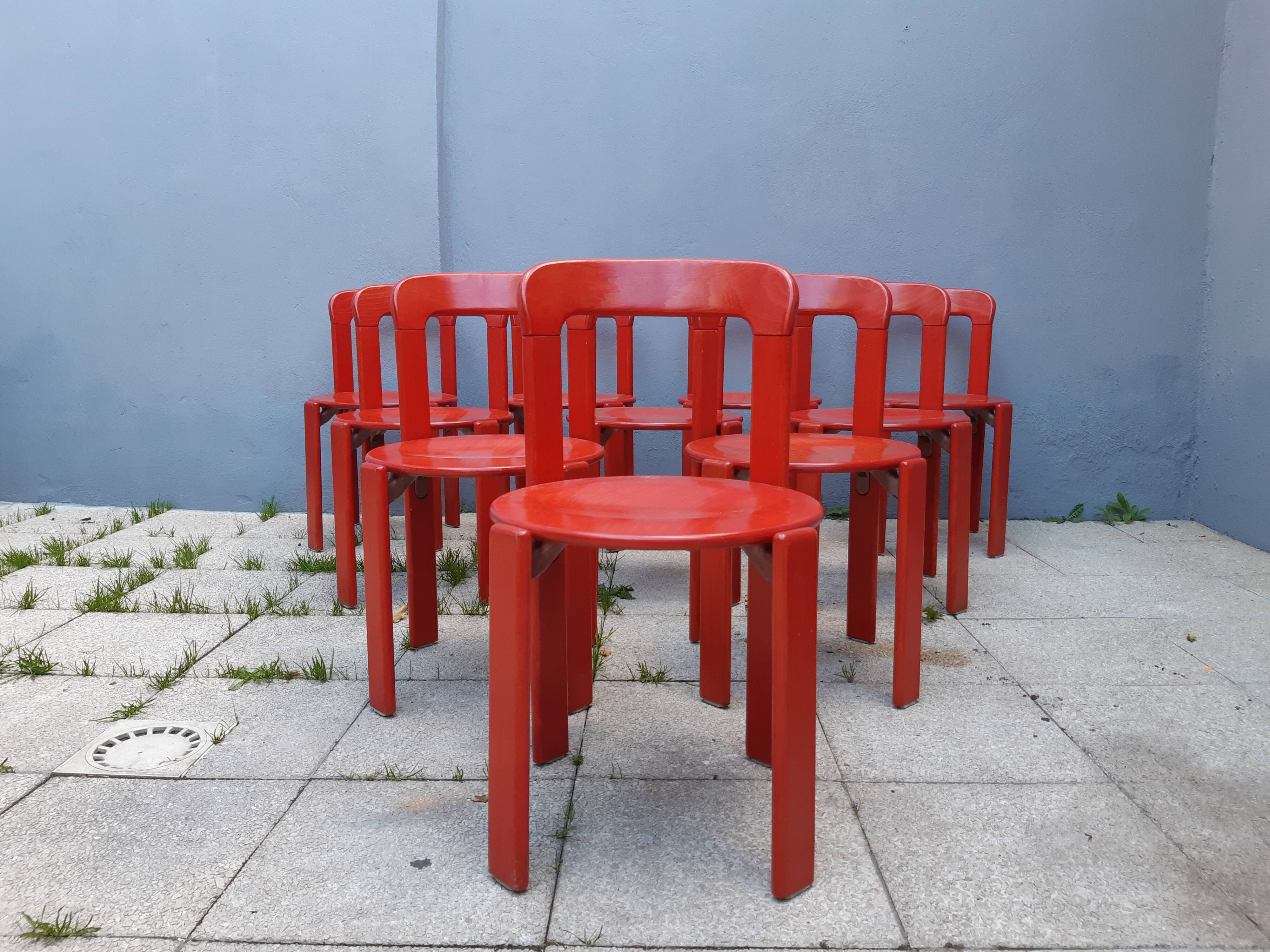 Set of 10 red wooden chairs by Bruno Rey for Kusch&Co