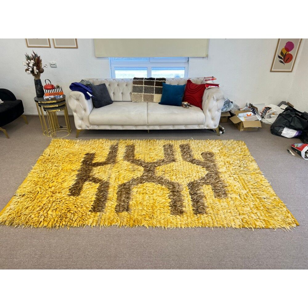 Vintage Hand-Knotted Shag Pile Rug with Brown Geometric Design on a Yellow Field, 100% Mohair Wool