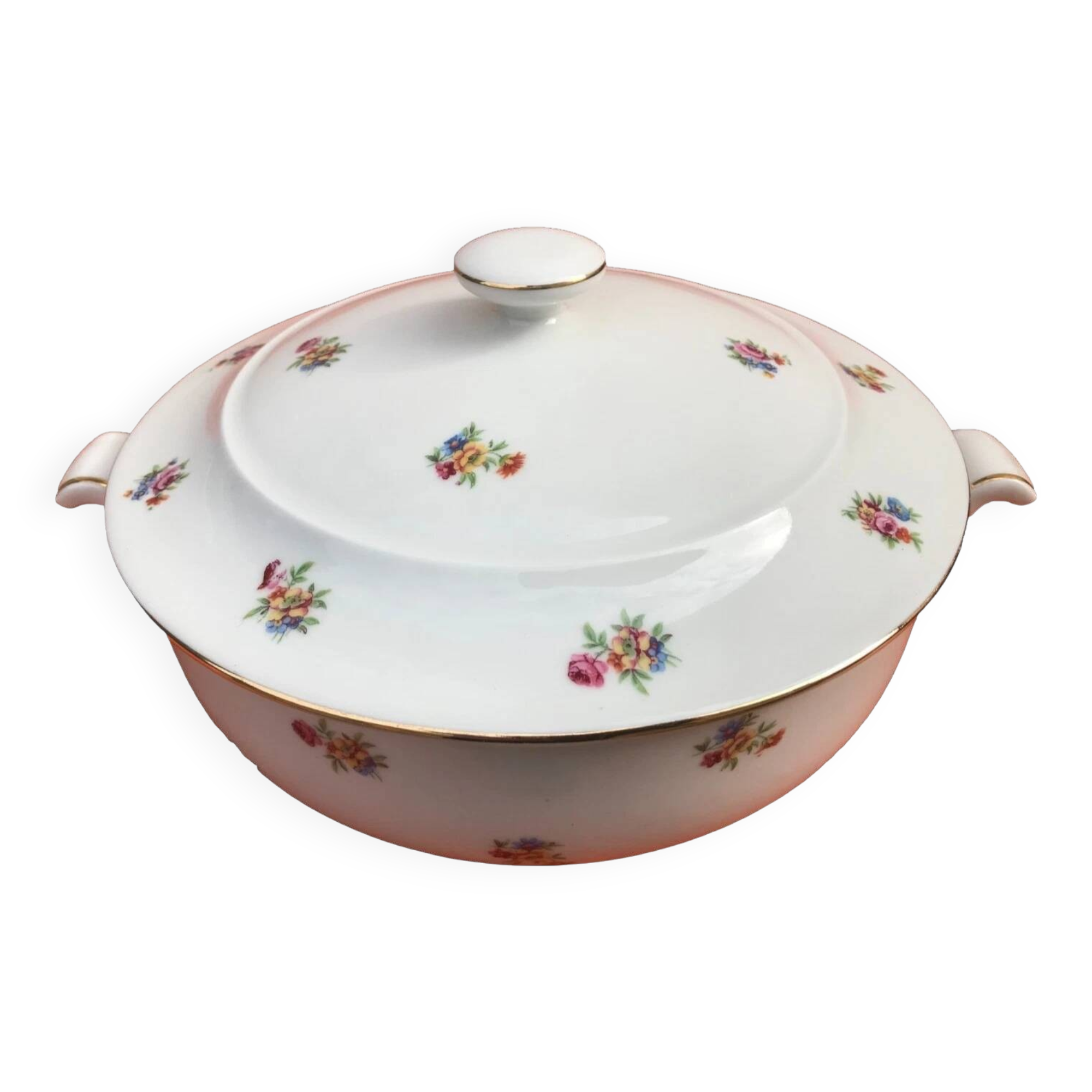 Antique PN France soup tureen White porcelain with gold edging and brass decoration