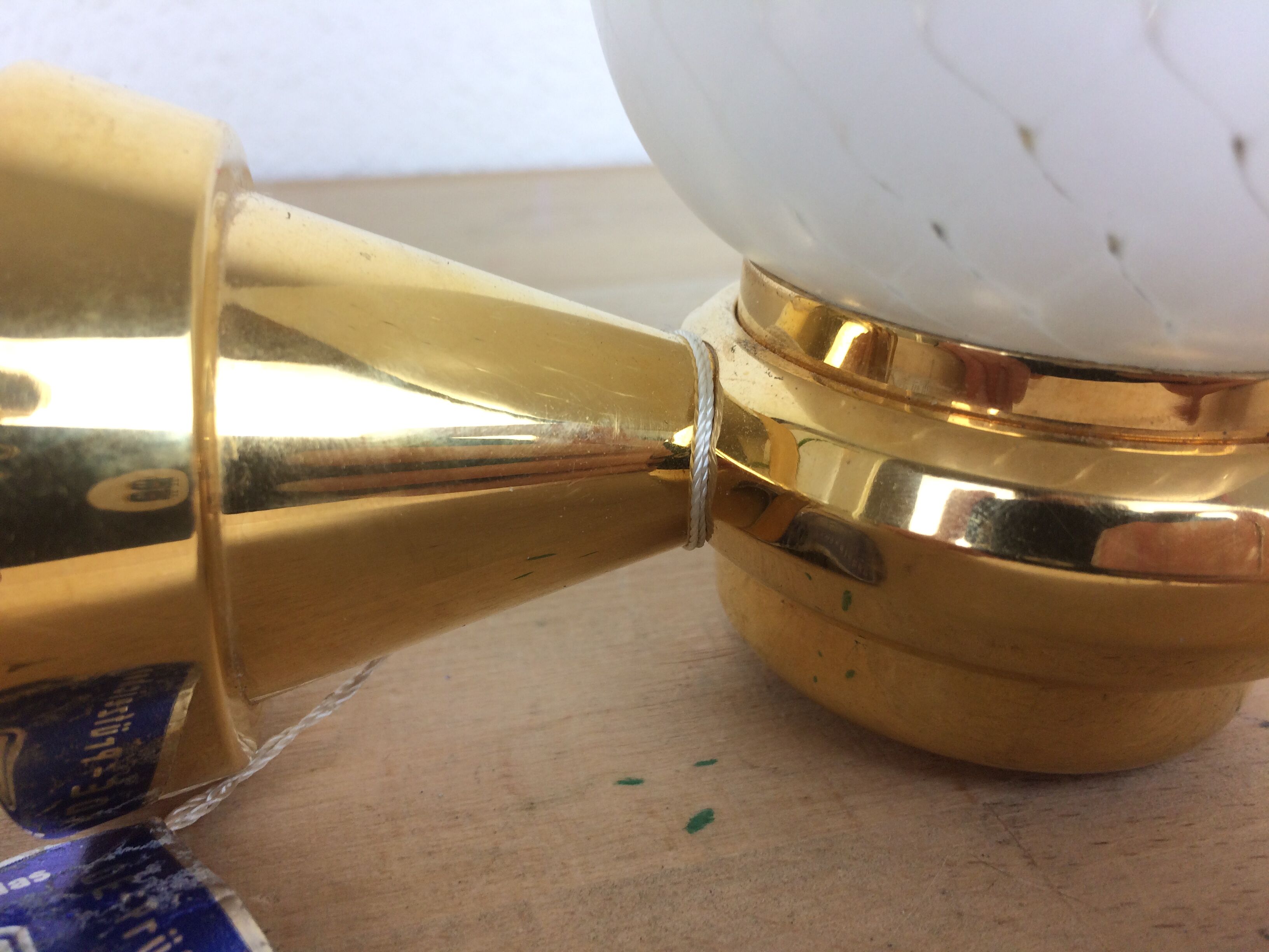 Pair of solid brass and white opaline wall lamps