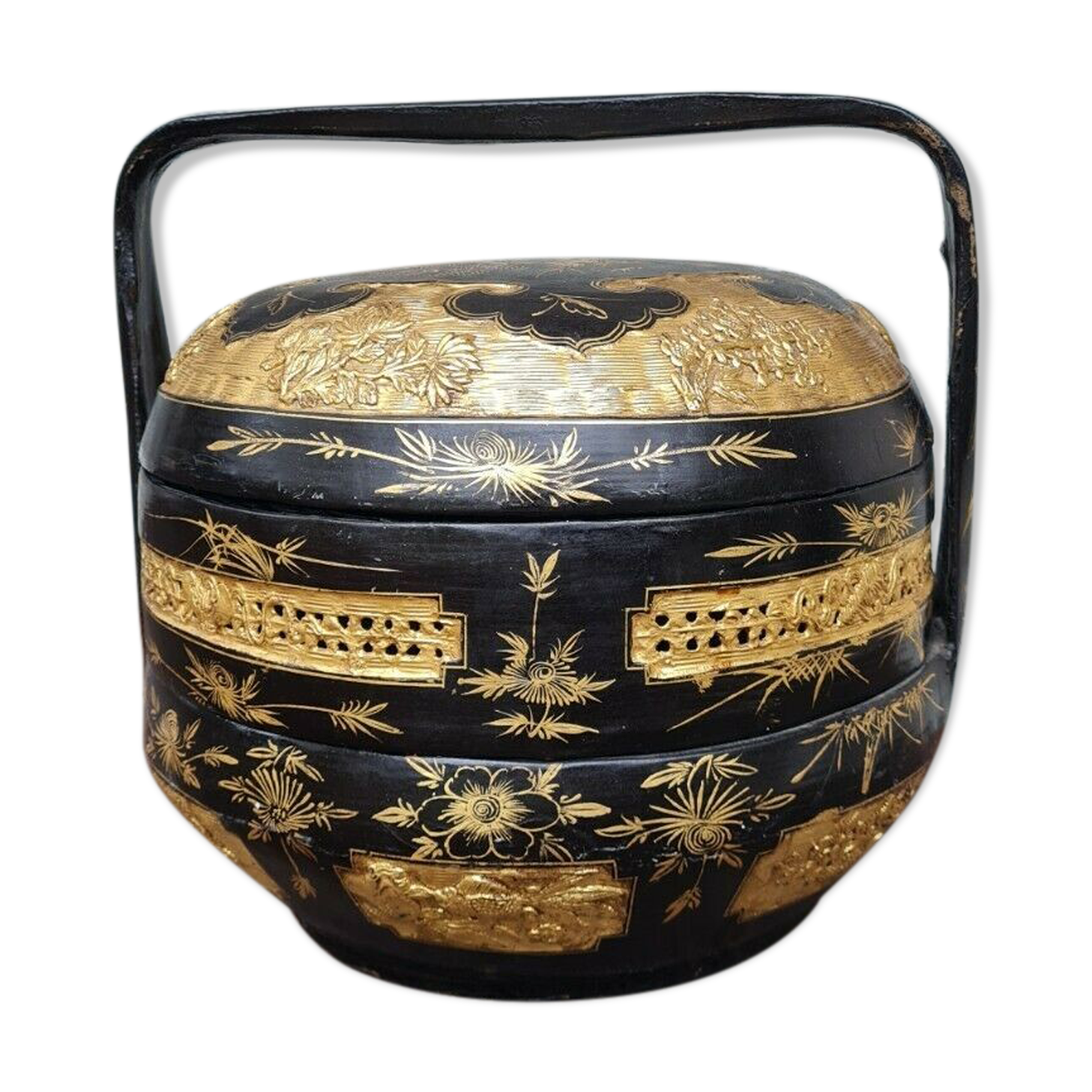 Panier de mariage chinois en bois et osier noir laqué et or