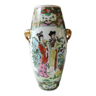 Vase Chinois Japonais polychrome en porcelaine fine, motifs Geishas