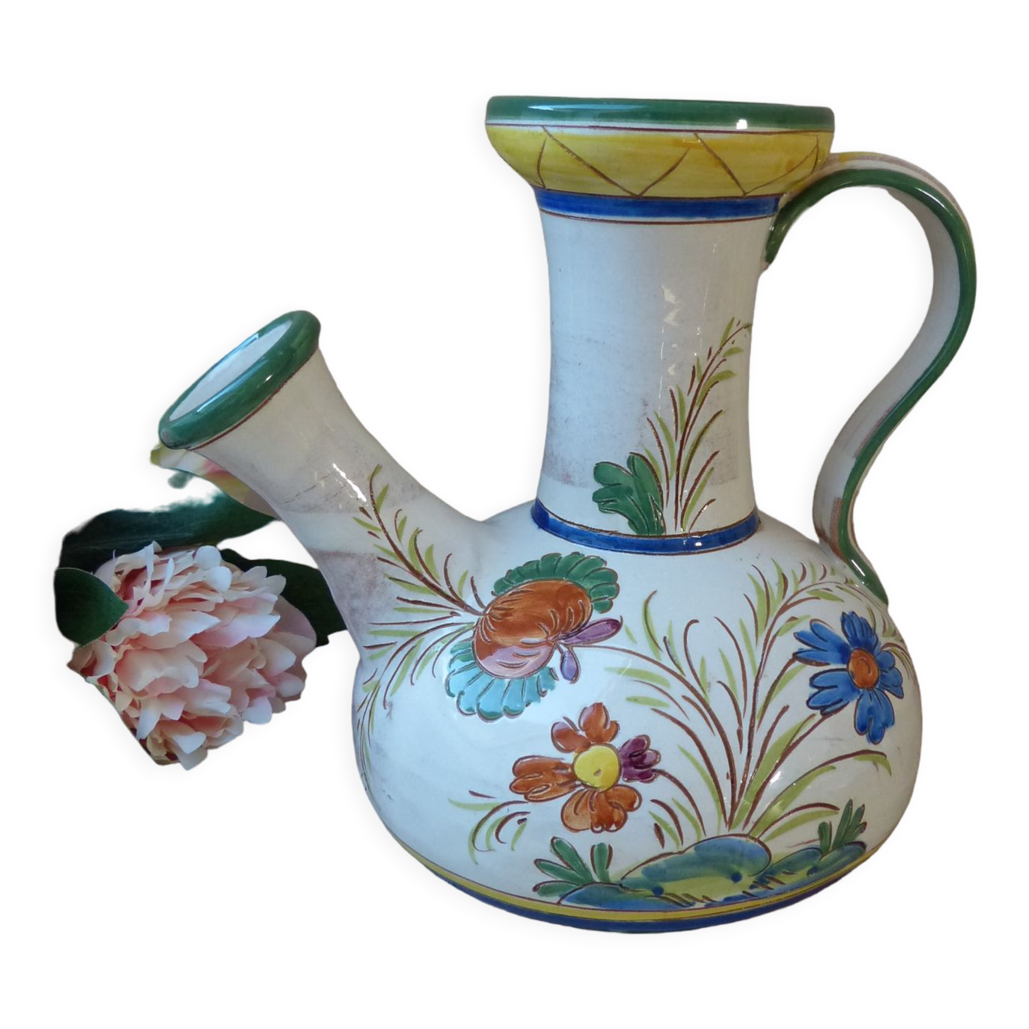 Pitcher carafe chevrette in terracotta enamelled with flowers italian crafts numbered