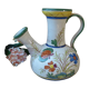 Pichet carafe chevrette in glazed terracotta with flowers, numbered Italian craftsmanship.