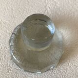 Small carafe in blown cut glass with engraved decoration of vine leaves and grapes, threaded stopper