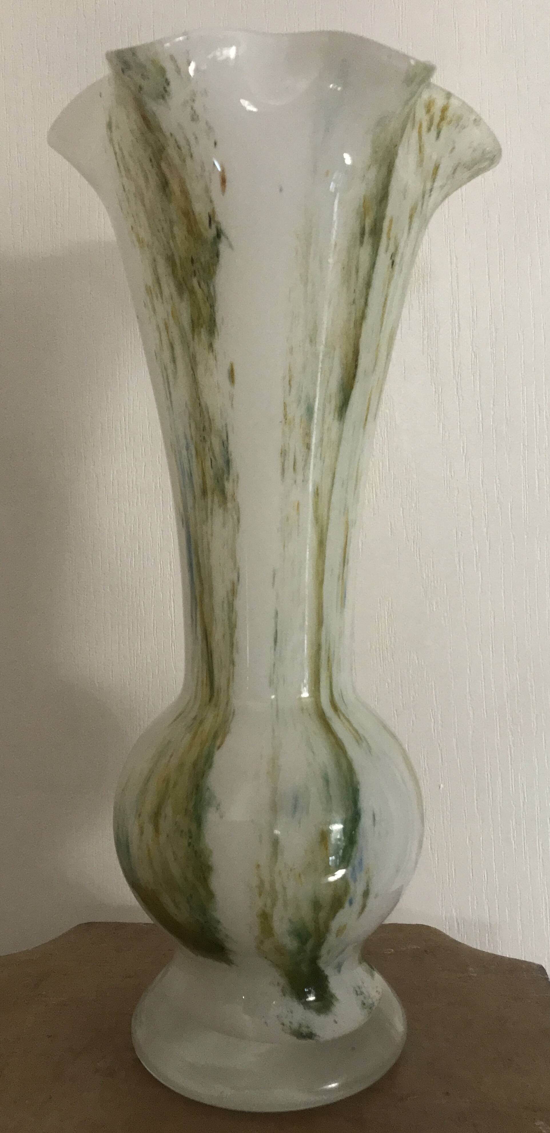 Vase in white opaline blown glass and green, yellow, blue polychrome shades