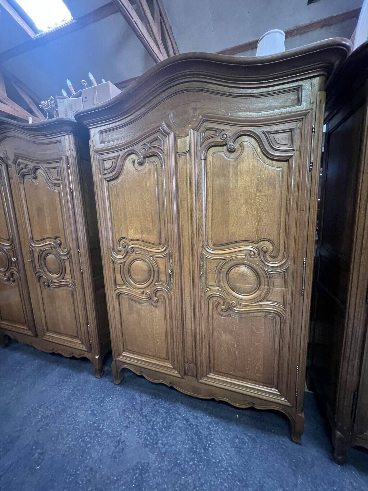 Pair of high-quality solid oak Norman wardrobes, "Cauchoise" model from the 1960s-1970s.