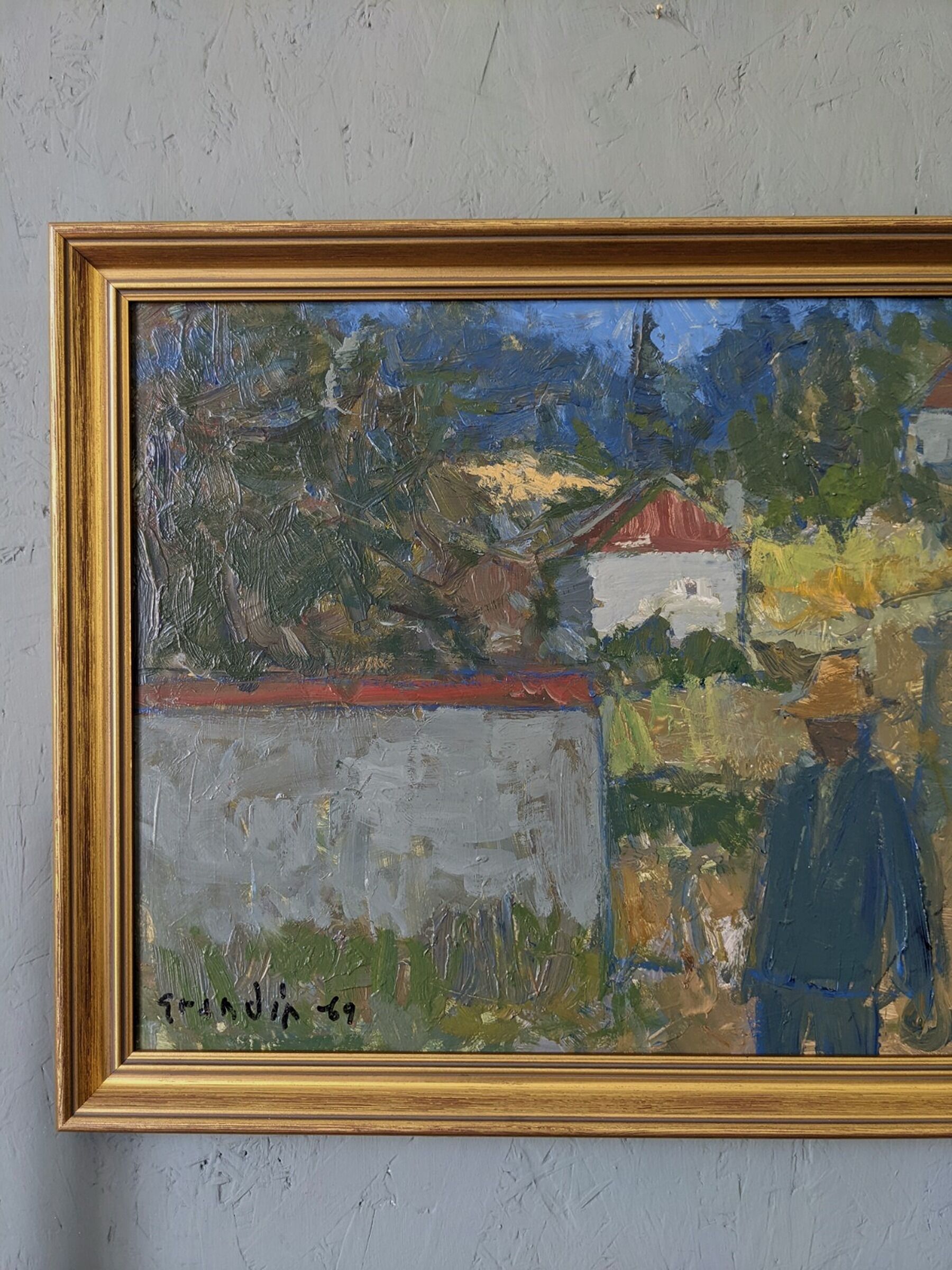 Mid-century modern swedish "forest houses", vintage abstract street scene framed oil painting