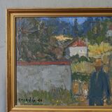 Mid-century modern swedish "forest houses", vintage abstract street scene framed oil painting