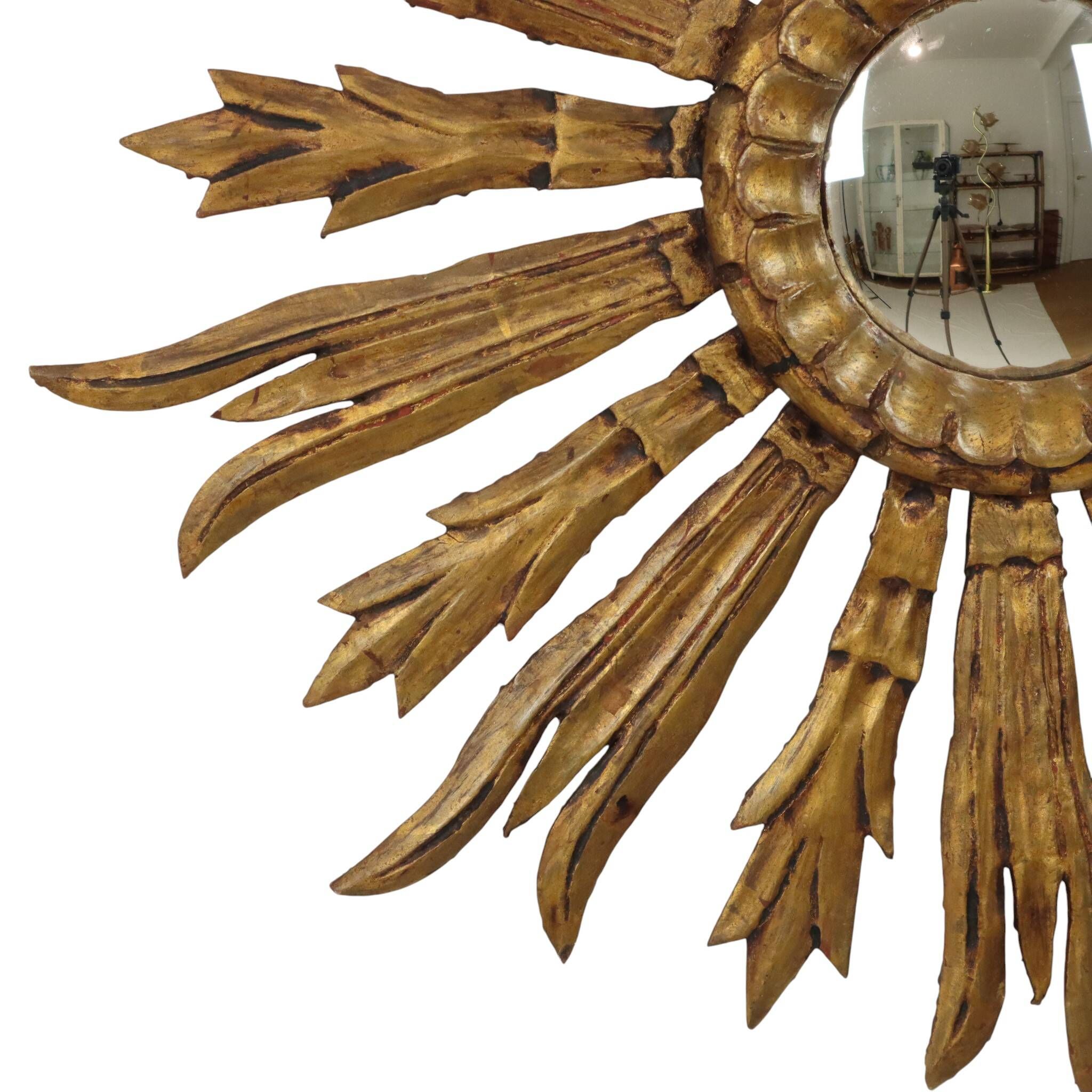 Old Wooden Sun Mirror Sunburst Mirror Gold Fifties 70cm