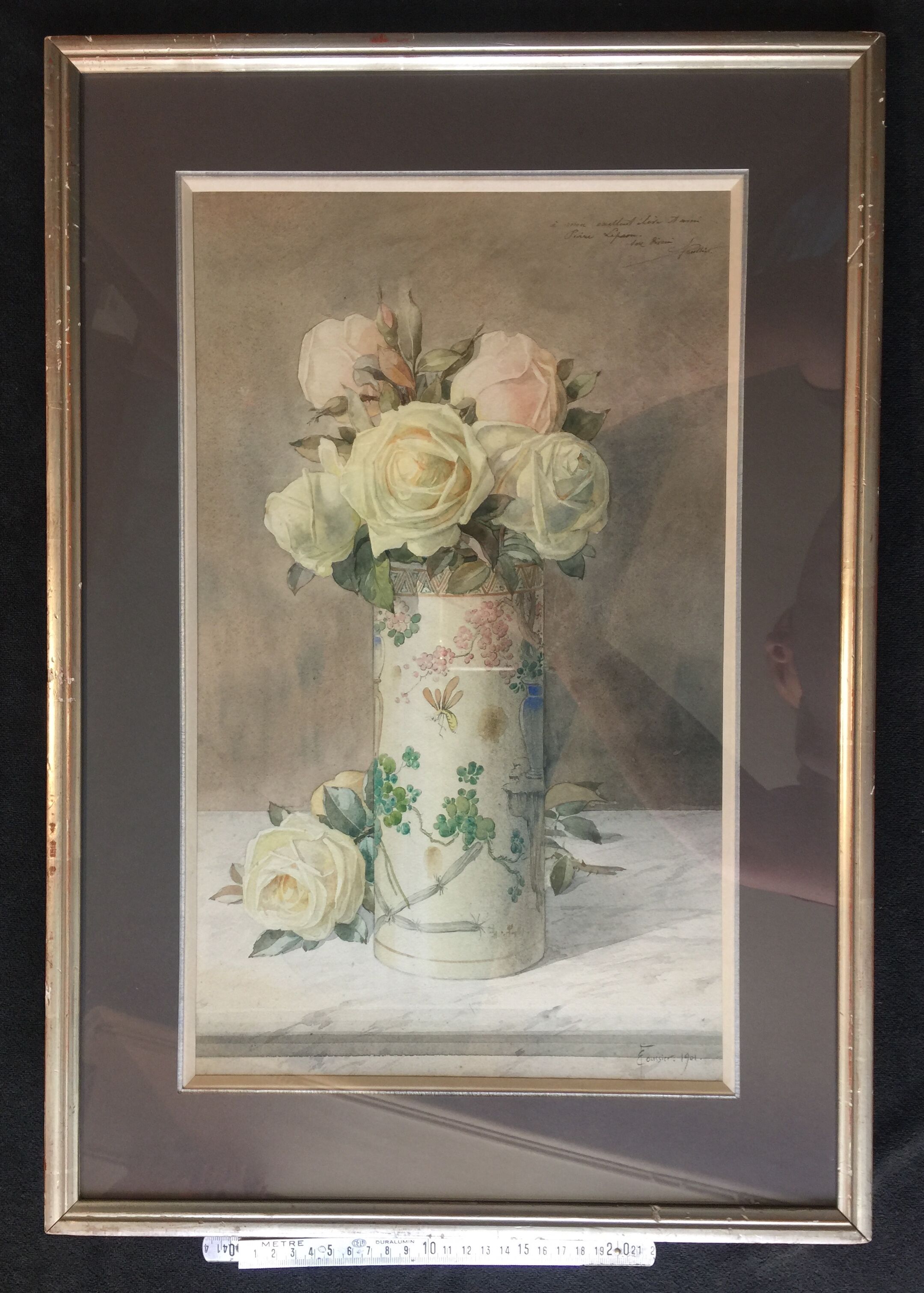 Ernest FOUSSIER 1901 "White roses in a Japanese vase"watercolor signed