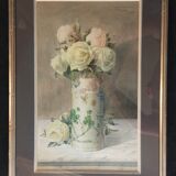 Aquarelle  "roses blanches dans un vase japonisant" signée ernest foussier 1901