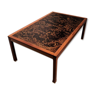 Scandinavian table low teak decorated top vintage 60.