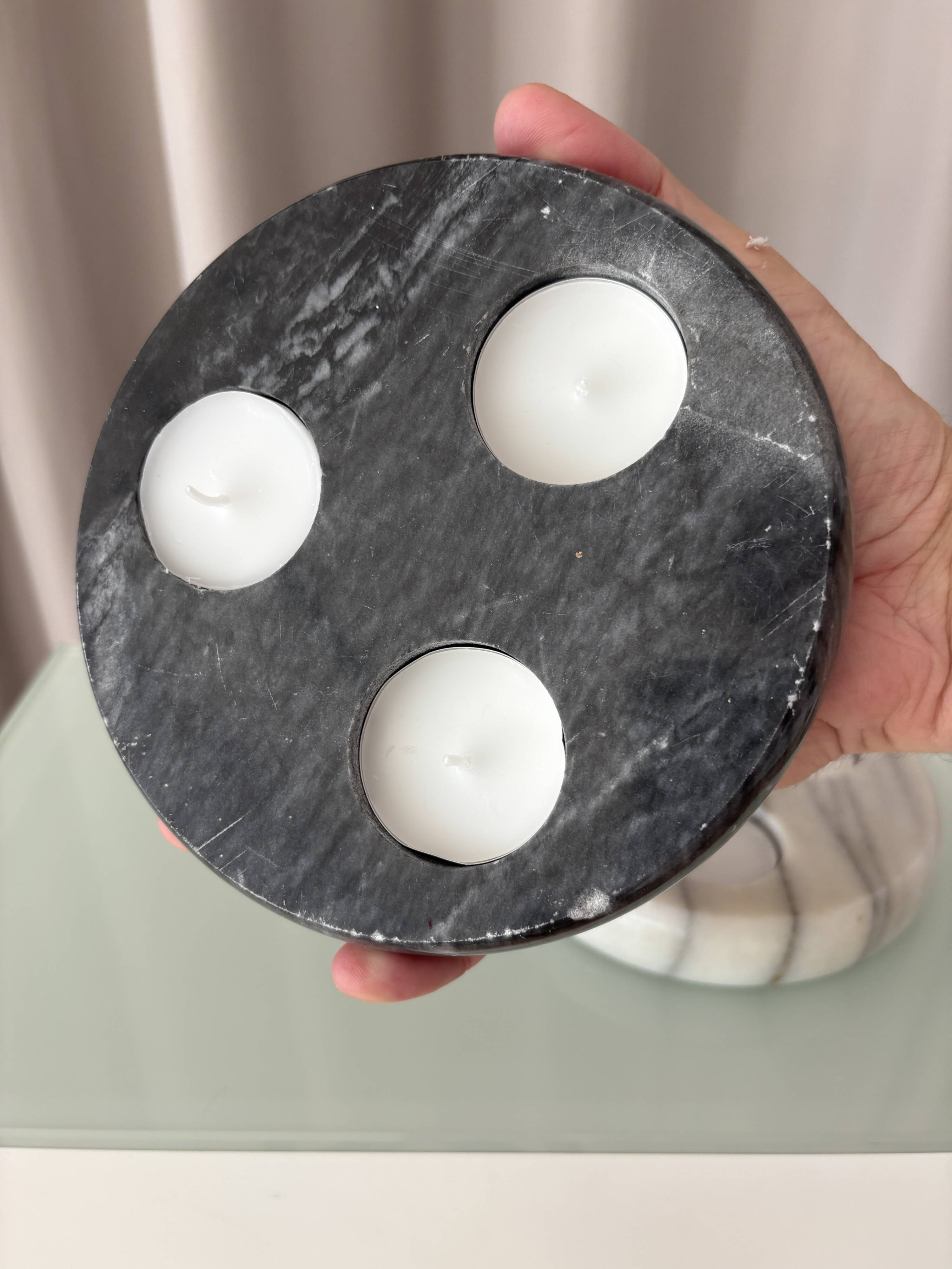 Pair of Vintage Marble Triple Tealight Candle Holders – Black & White