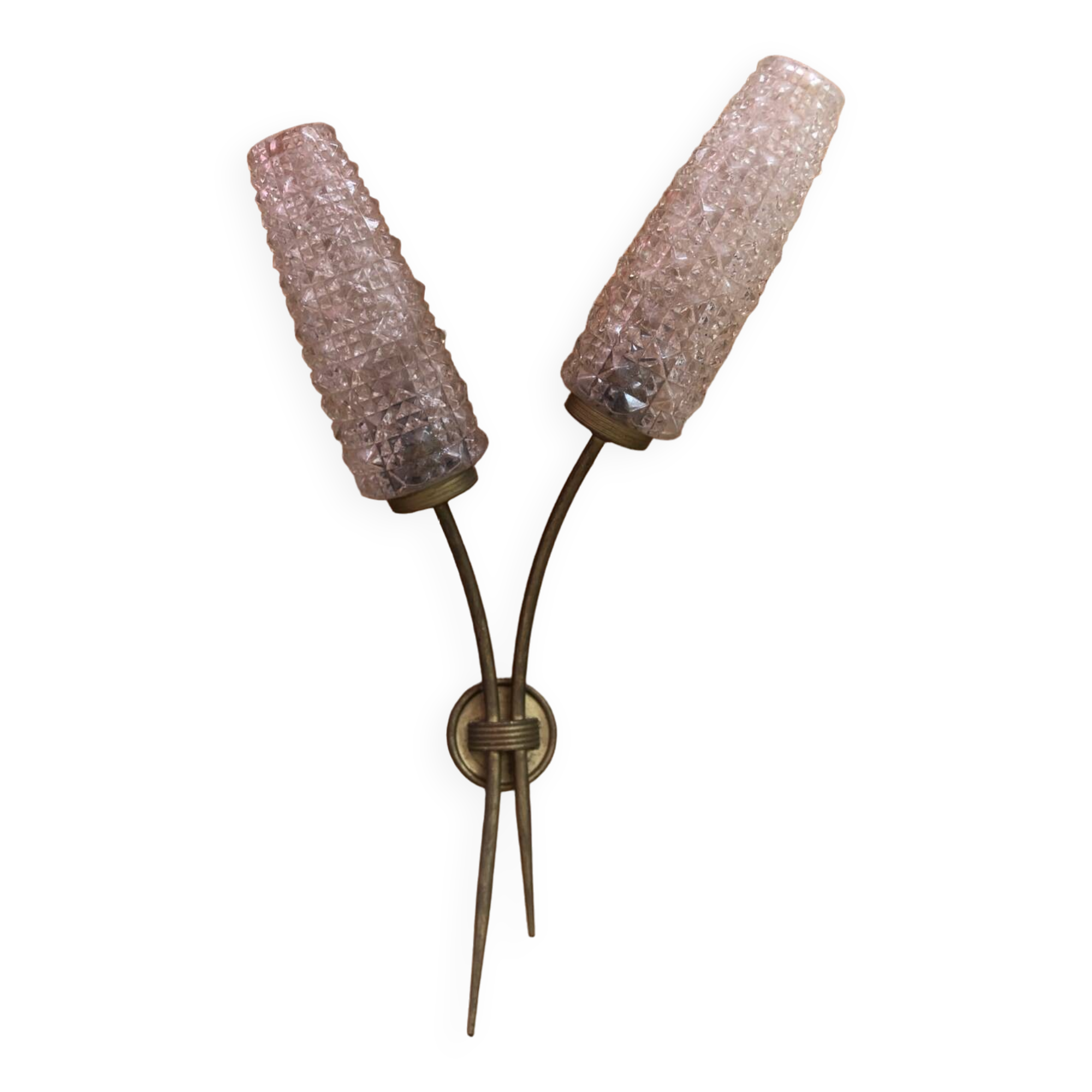 Old Double Brass Wall Lamp + Vintage Molded Glass Tulips