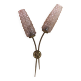 Ancienne Applique Double Laiton + Tulipes Verre Moulé Vintage