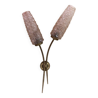 Old Double Brass Wall Lamp + Vintage Molded Glass Tulips