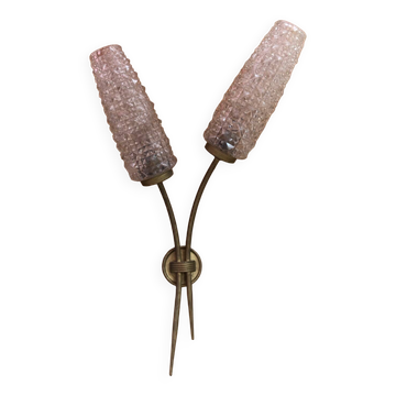 Ancienne Applique Double Laiton + Tulipes Verre Moulé Vintage