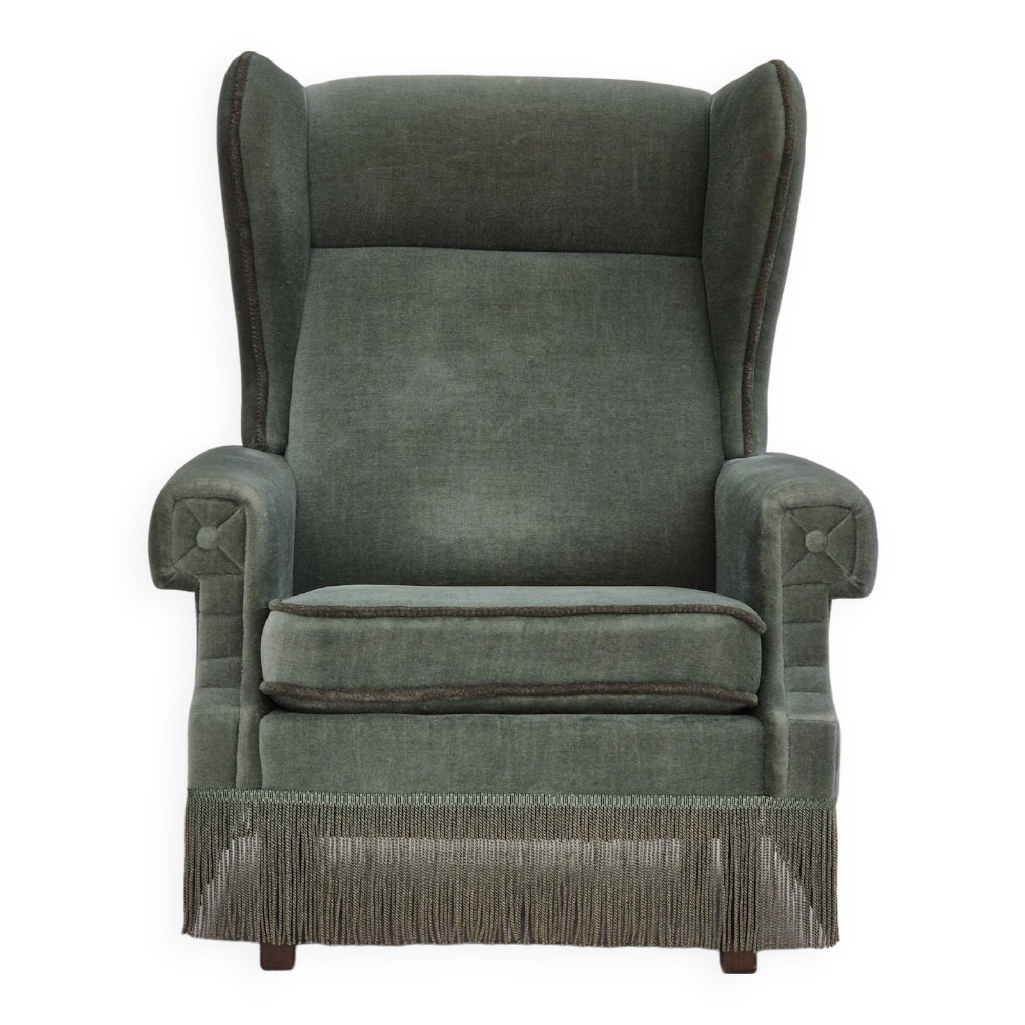 1970s, Danish wingback armchair, original condition, furniture velour, beech wood.