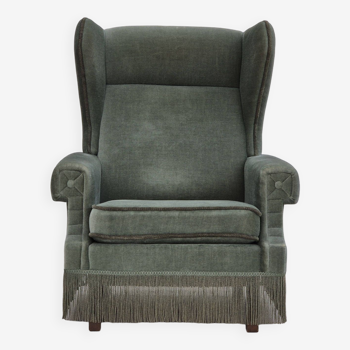 Années 1970, fauteuil à oreilles danois, état d'origine, meuble velours, bois de hêtre.