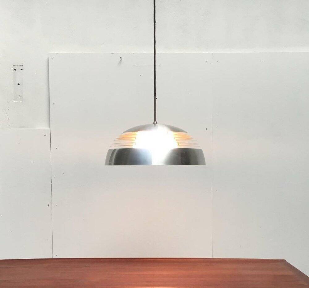 German pendant lamp in aluminium and glass from the Mid-Century space by Doria, 1960s.