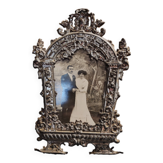 Photo ancienne encadrée couple mariage cadre métal argenté repoussé XIXème