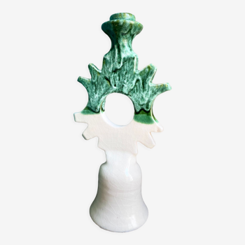 Sun candle holder in white and green glazed terracotta