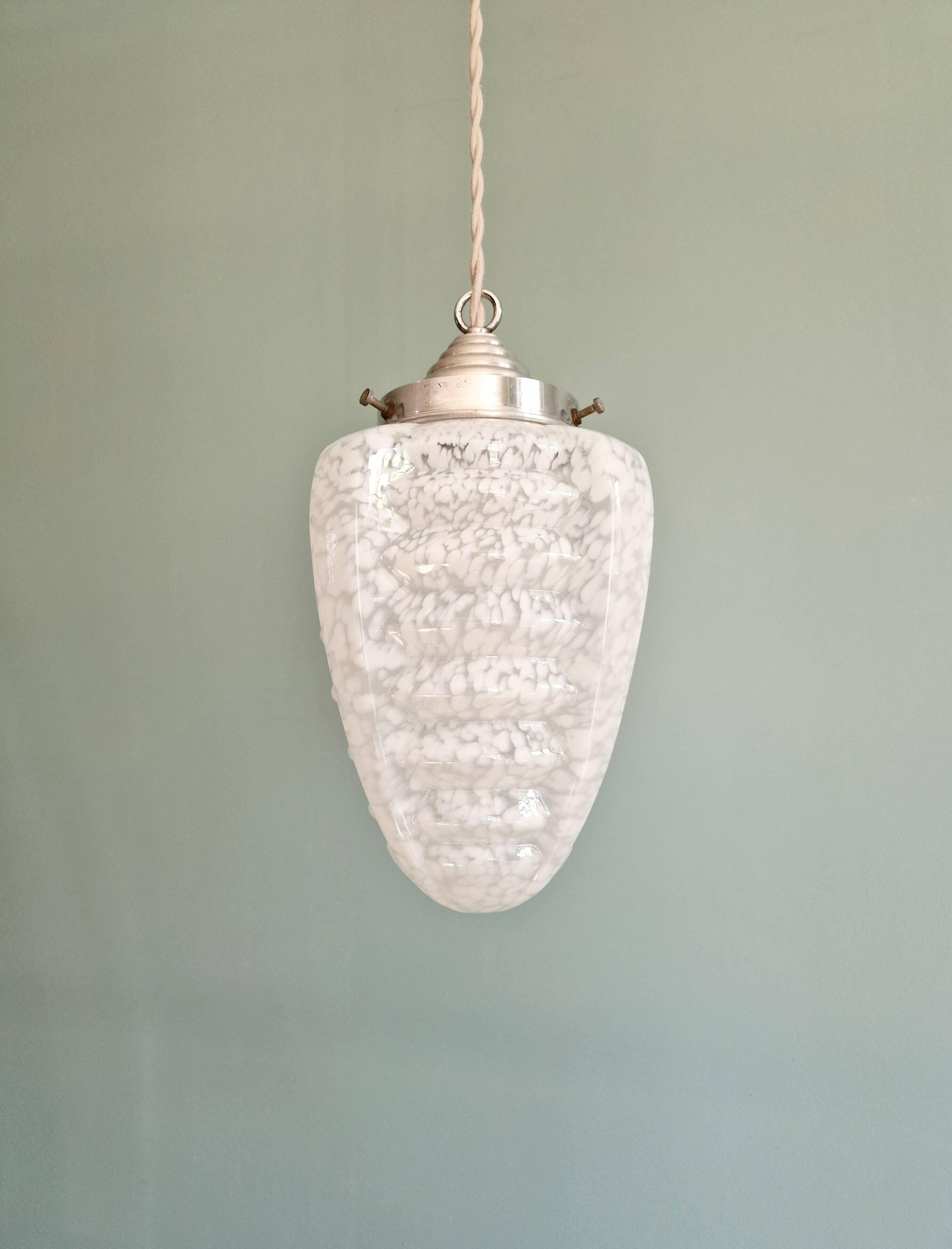 Art Deco pendant light in white speckled glass, 1920s-30s